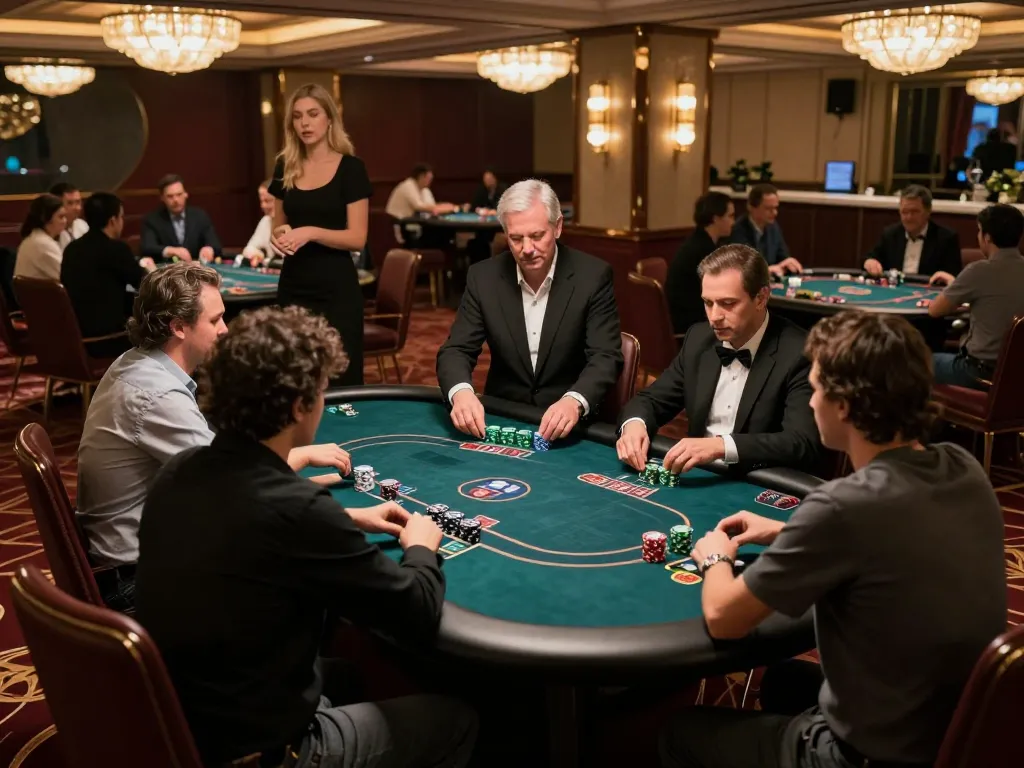 Players engaging in strategy at nhandinhkeonhacai's upscale poker setting, showcasing elite gambling skills.