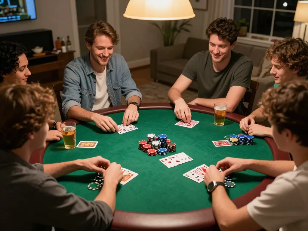 Luck8 poker night scene with friends strategizing around a table filled with chips and cards.