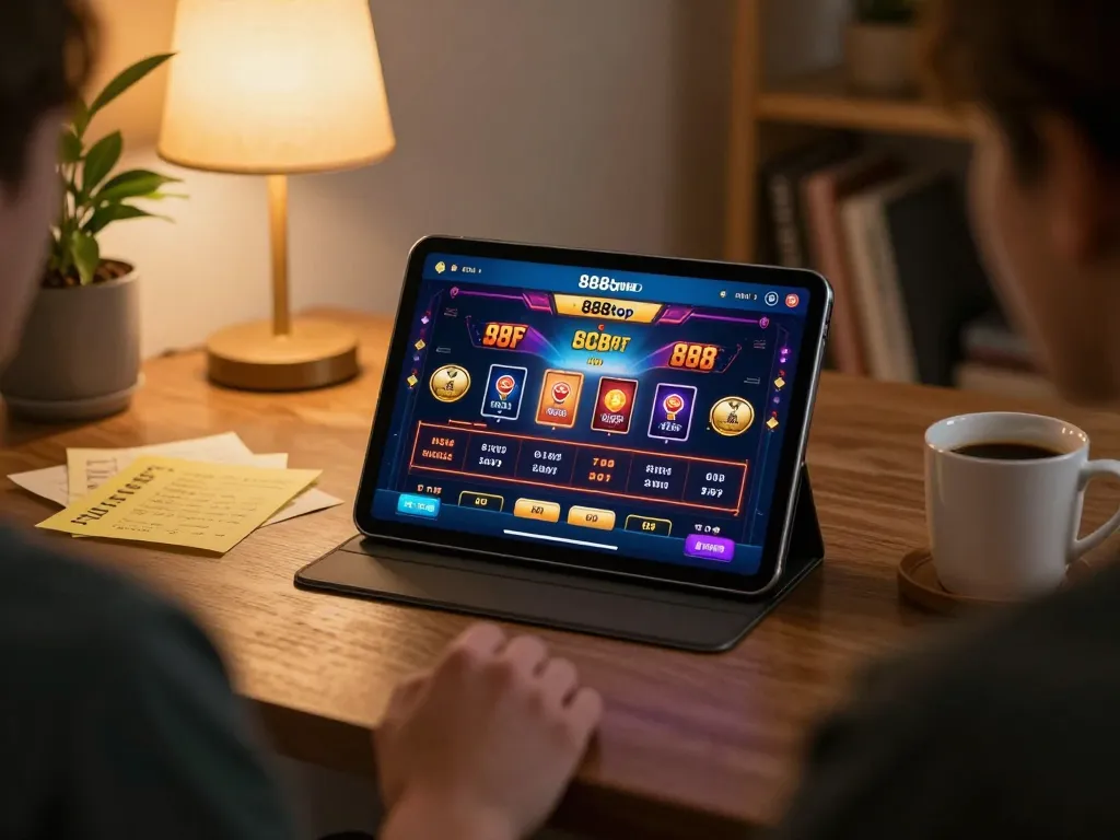 Player engaging with 888top casino app on tablet in cozy home setting.