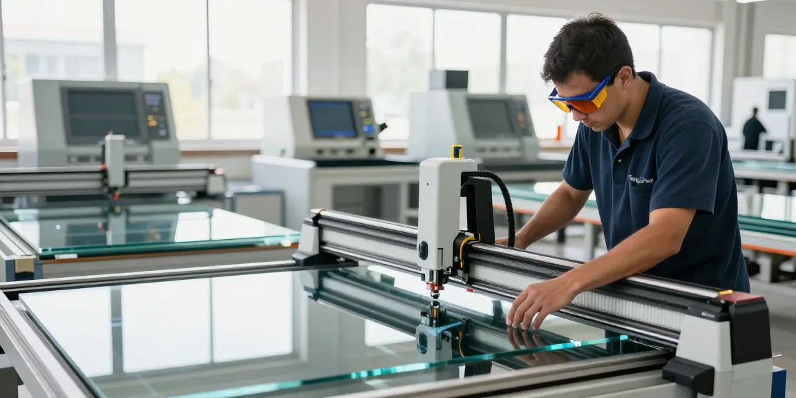 Precision cutting machine glass operation in a bright workshop.
