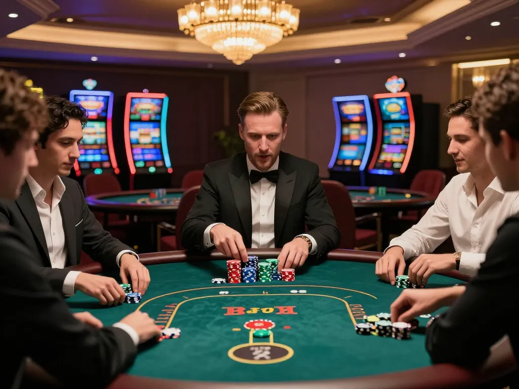 kerajaanslot players enjoying a high-stakes poker game at an upscale casino table with vibrant lights.