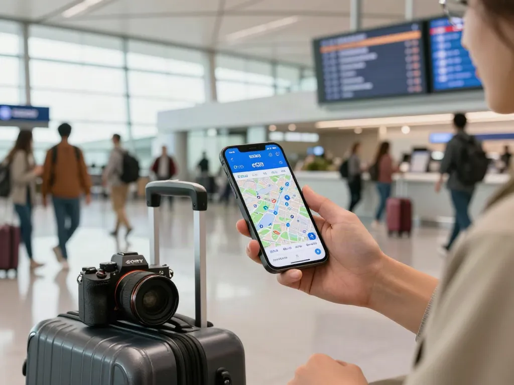 שימוש בטכנולוגיית Esim לחו"ל ברחבת שדה התעופה עם מטיילים מסביב.