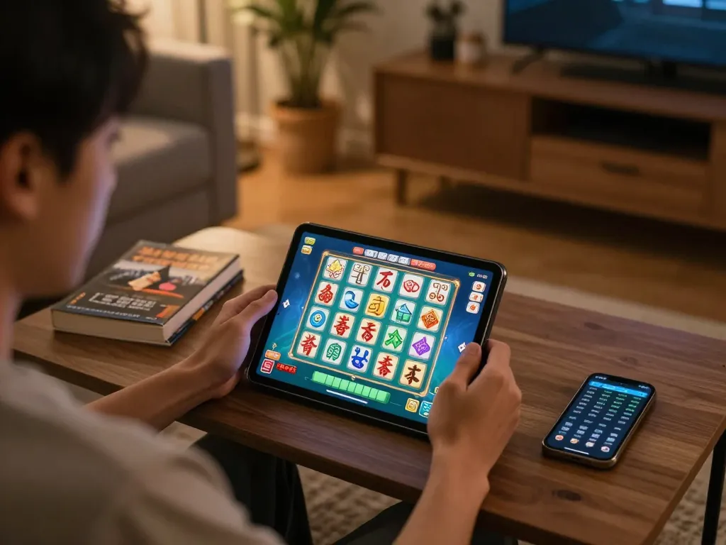 Engaging user playing Mahjong slot on tablet, showcasing vibrant graphics and responsible gaming.