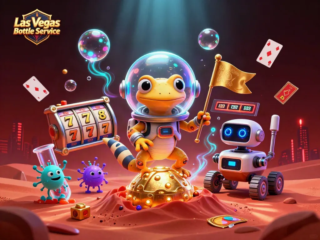 Engage in Las Vegas Bottle Service with a lively scene featuring a Martian gecko and slot elements.