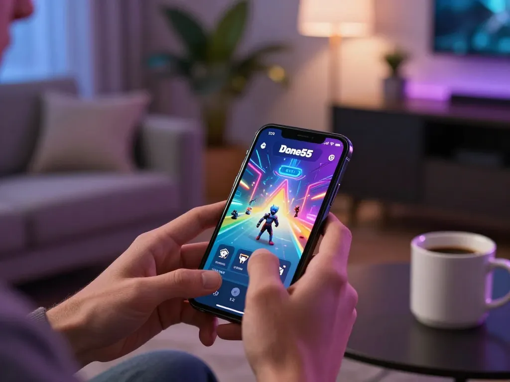 Engaging with the Done55 app for real money gaming in a cozy home setting.