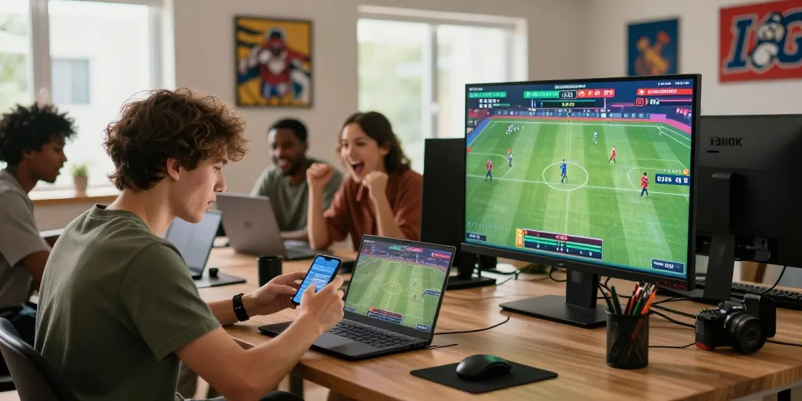 Exciting sports betting scene at https://open88c.com/ with players engaged, cheering, and using various devices.