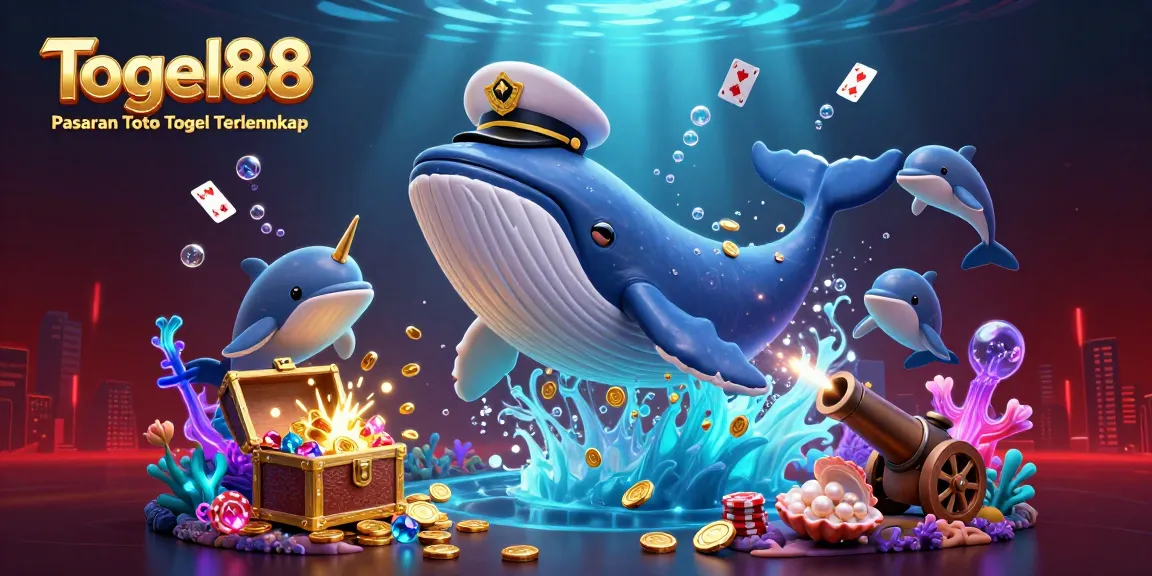 Togel88 Pasaran Toto Togel Terlengkap showcases a vibrant scene of a whale and narwhal amidst treasure, engaging in a fun underwater game.