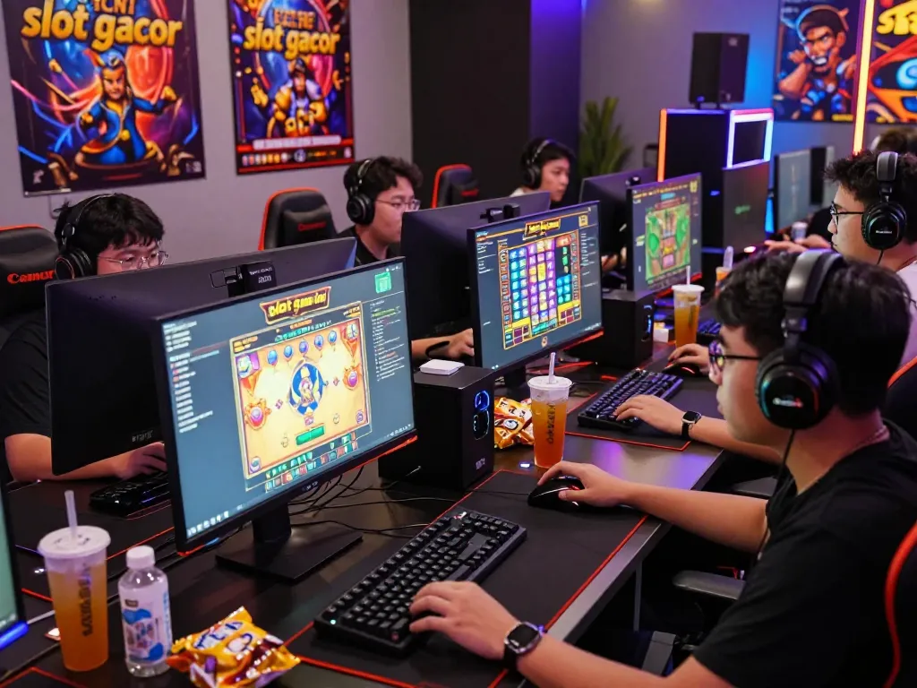 Players enjoying slot gacor hari ini in a vibrant online gaming setup with colorful games and energetic atmosphere.
