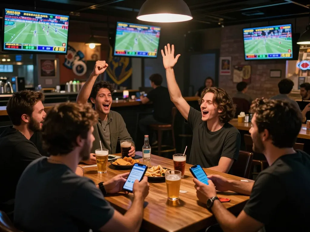 Sports enthusiasts placing bets through the tylekeonhacai88 app during a live match at a bustling bar.