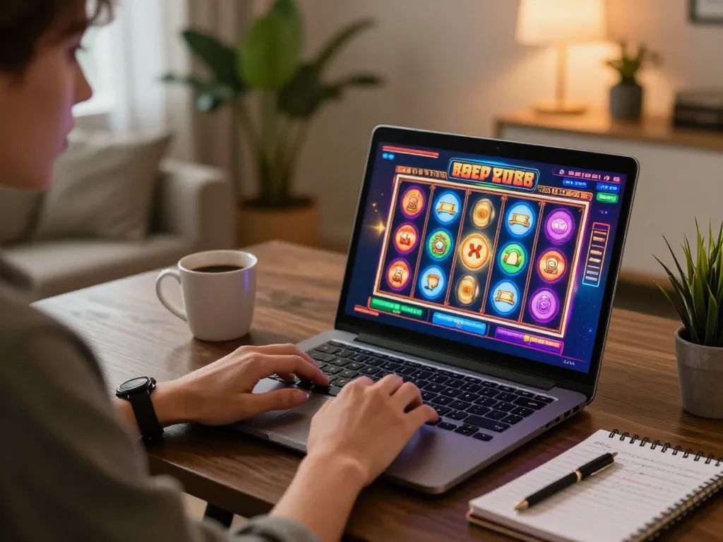 Engaging online slot gameplay with vibrant reels spinning on laptop screen
