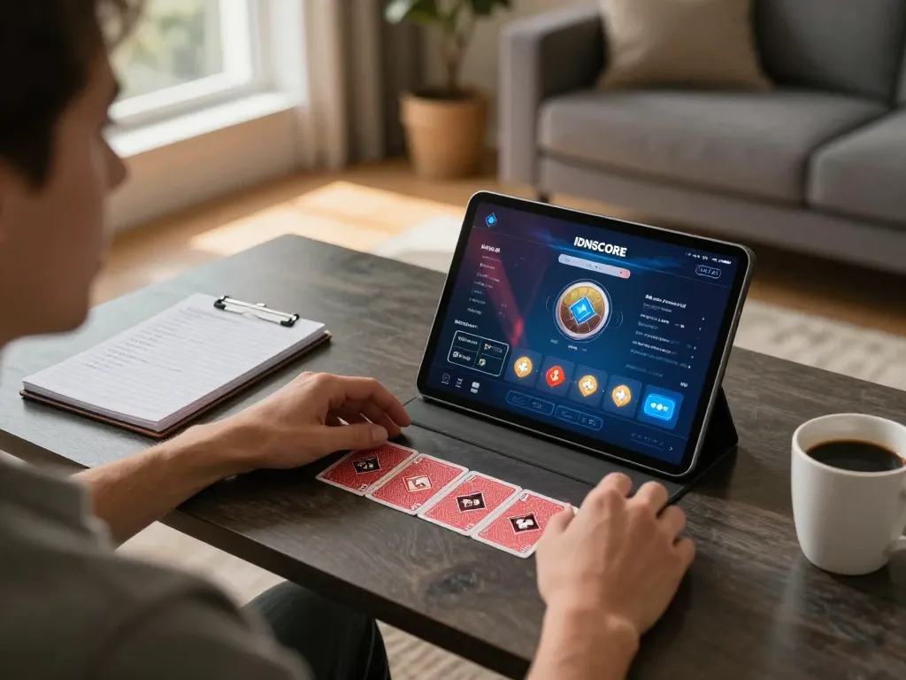 IDNSCORE player enjoying online gaming experience with tablet and strategy notes in a cozy setting.