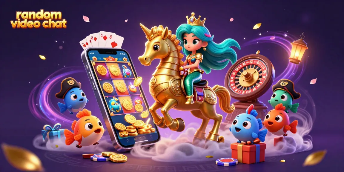 Experience random video chat with dynamic characters and vibrant casino elements in this engaging illustration.
