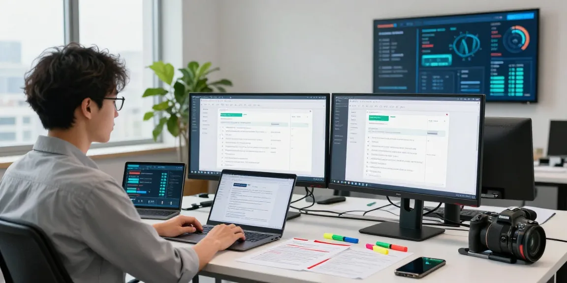 Document fraud detection solution in a modern workspace featuring dual monitors, printed documents, and analytical tools.