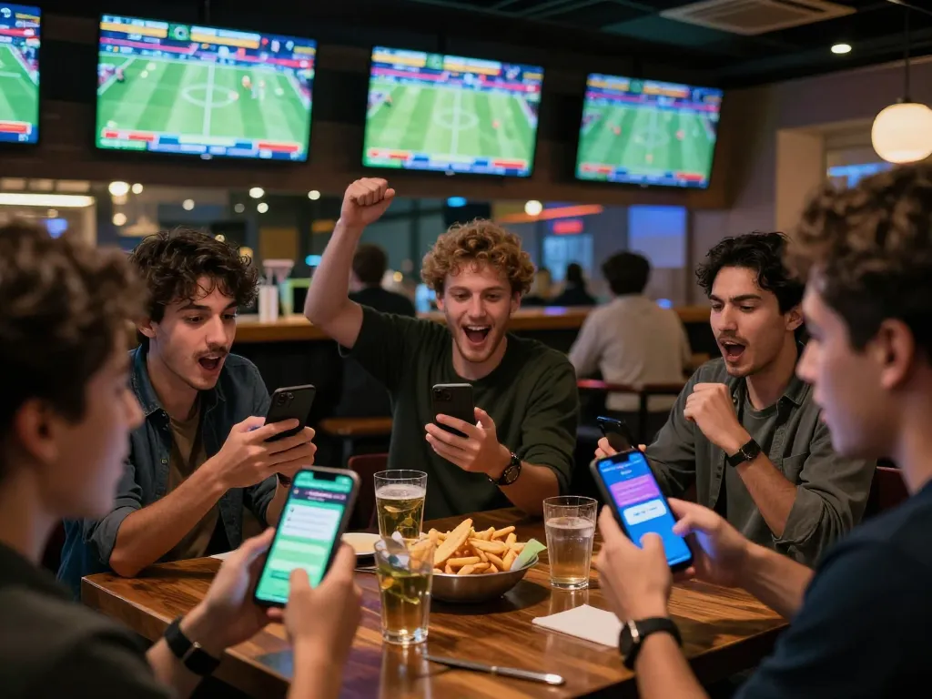 SAY88 sports bettors placing live bets in a vibrant sports bar with multiple screens.