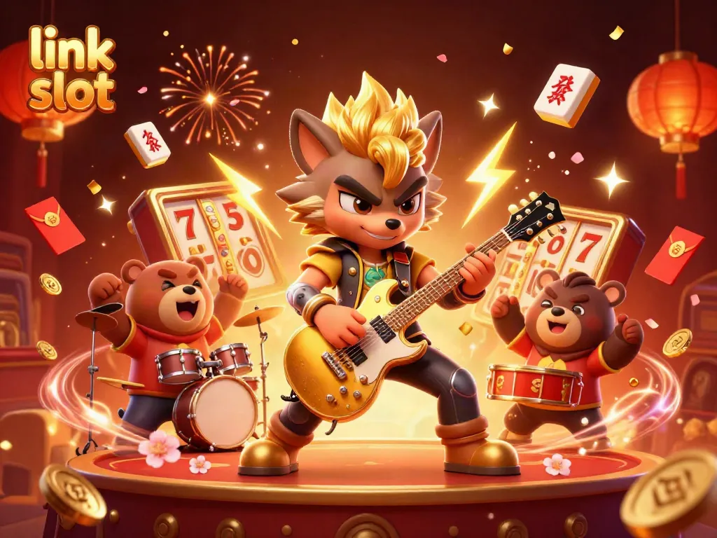 Menangkan di slot dengan link slot, ilustrasi karakter kasino ceria dan elemen hoki!