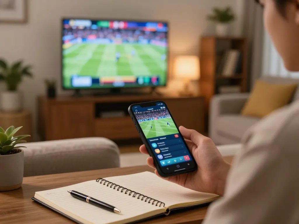 Engaged bettor using mobile app for siti scommesse stranieri in a cozy home setup with thoughtful strategy notes.