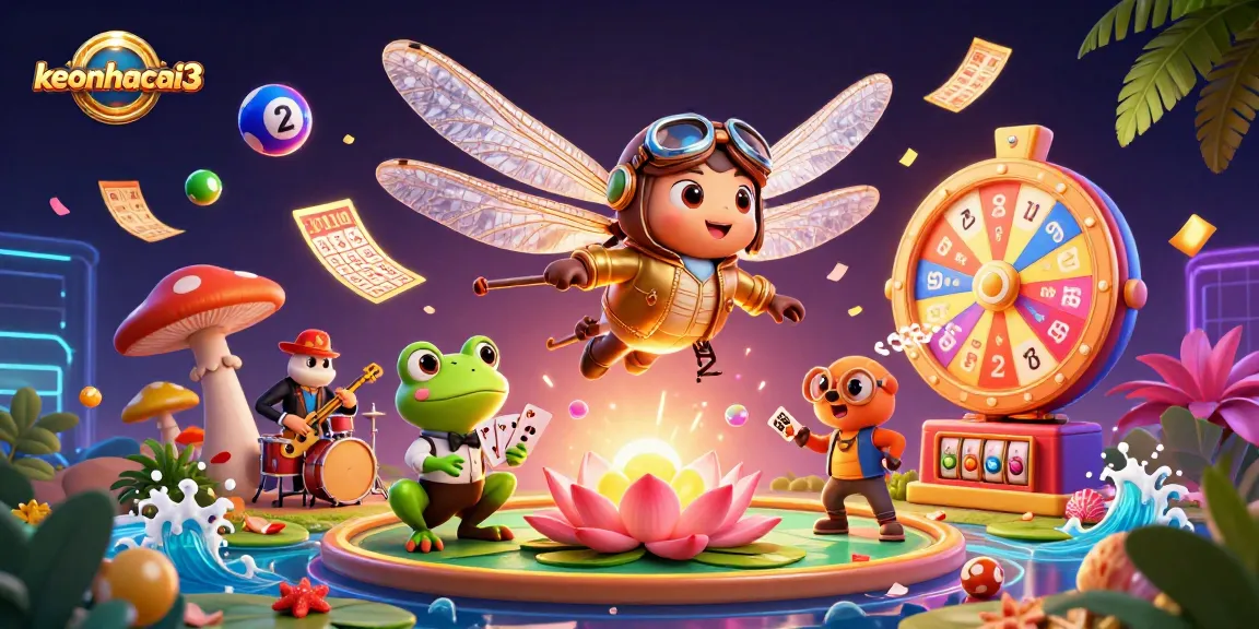 Engage with keonhacai3 as a dragonfly pilot hovers over a lily pad casino with vibrant lottery elements.