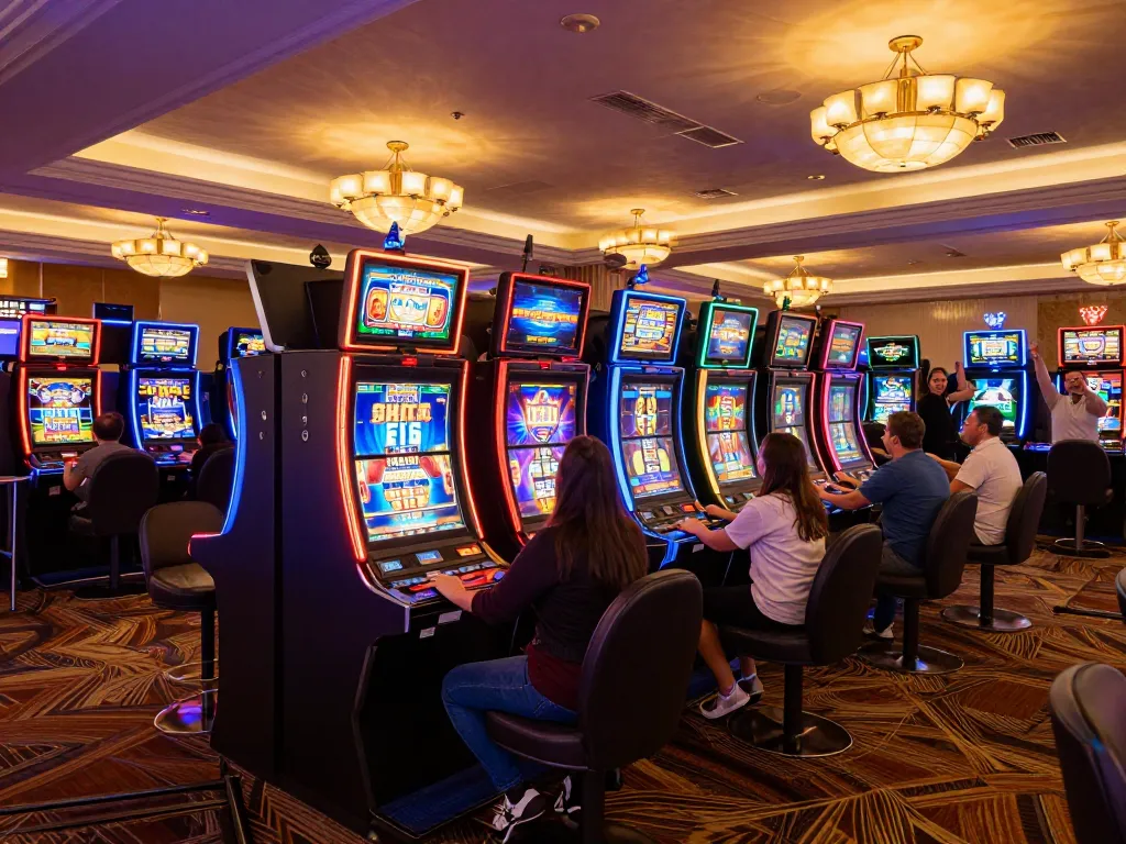 Players enjoying slot machines at F8BETz casino, vibrant environment filled with excitement