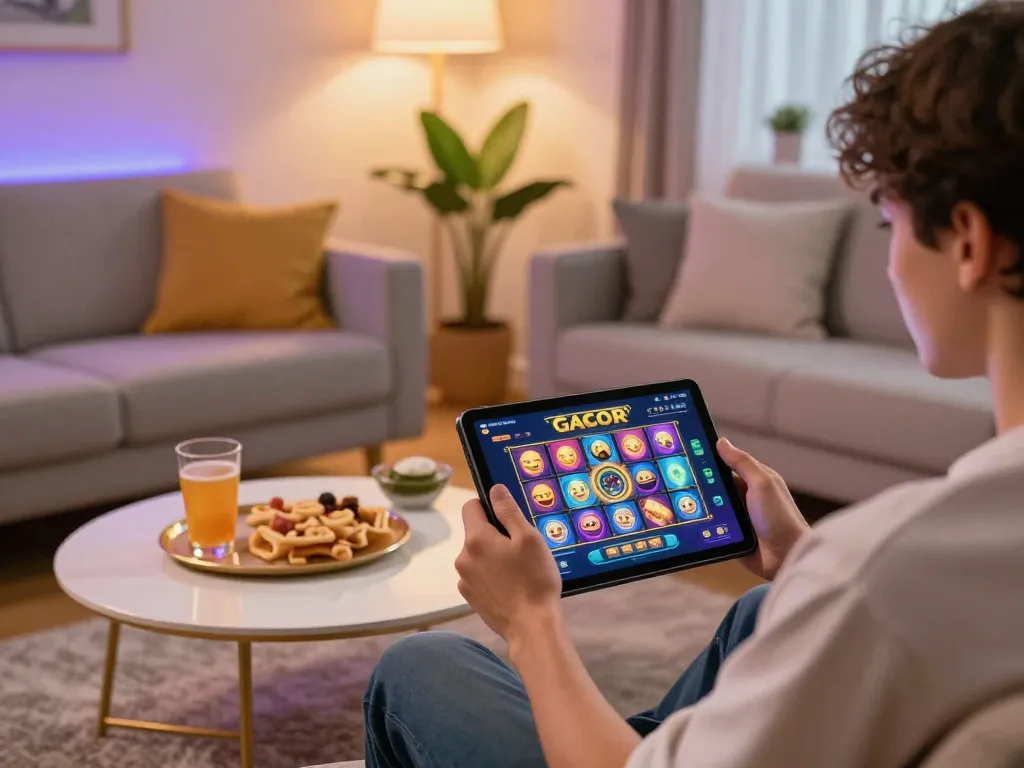 Experience slot gacor excitement on a tablet in a cozy, inviting home gaming setup.