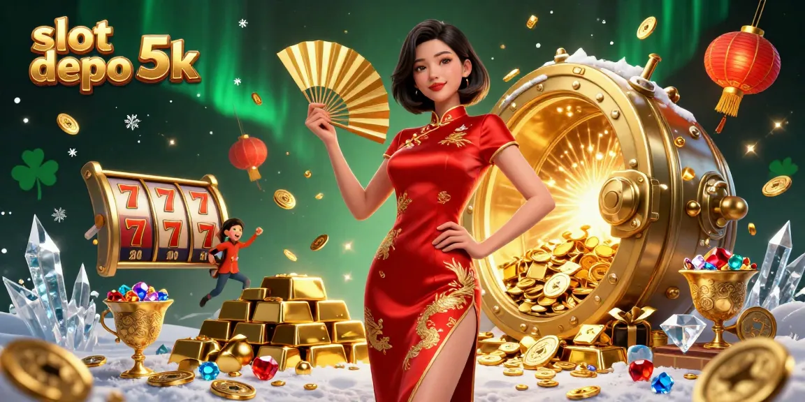 Spin and win with slot depo 5k, featuring an Asian woman in a vibrant qipao amidst gold coins.