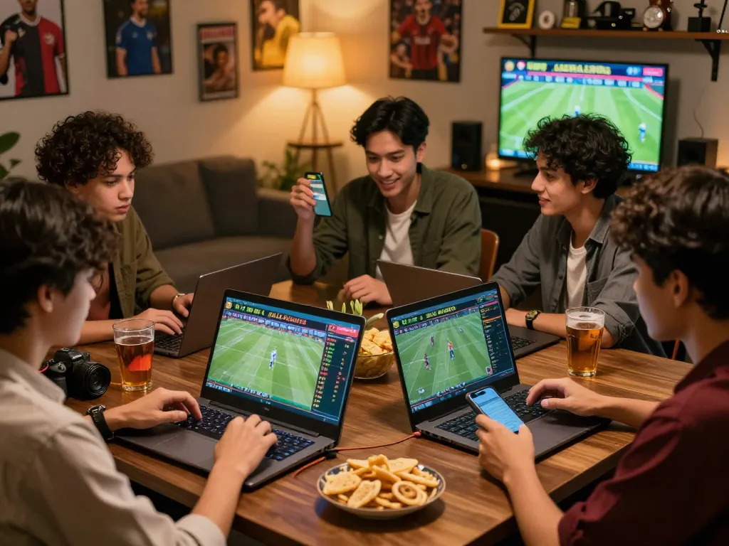 Kumpulan orang yang antusias terlibat dalam sesi taruhan judi bola online dengan laptop dan makanan ringan.