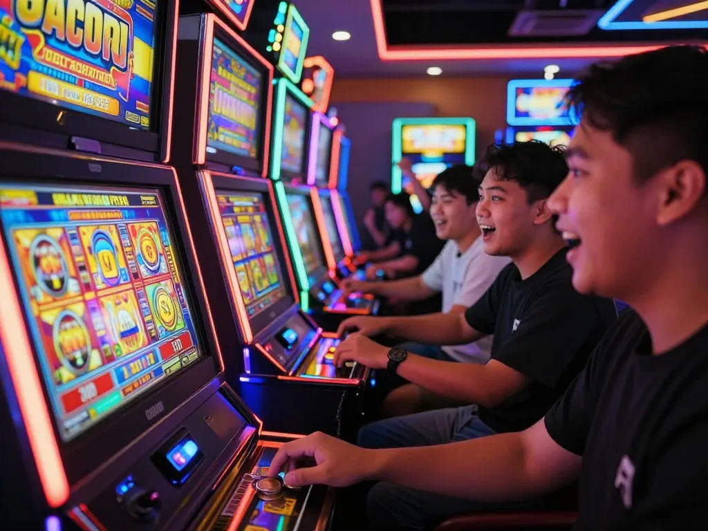 Player engaged with exciting slot gacor hari ini machine, pressing spin button amidst vibrant casino lights.