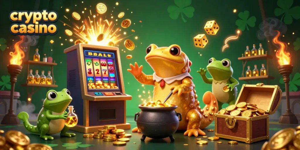 Experience thrilling wins at a crypto casino with golden game elements and lively characters.