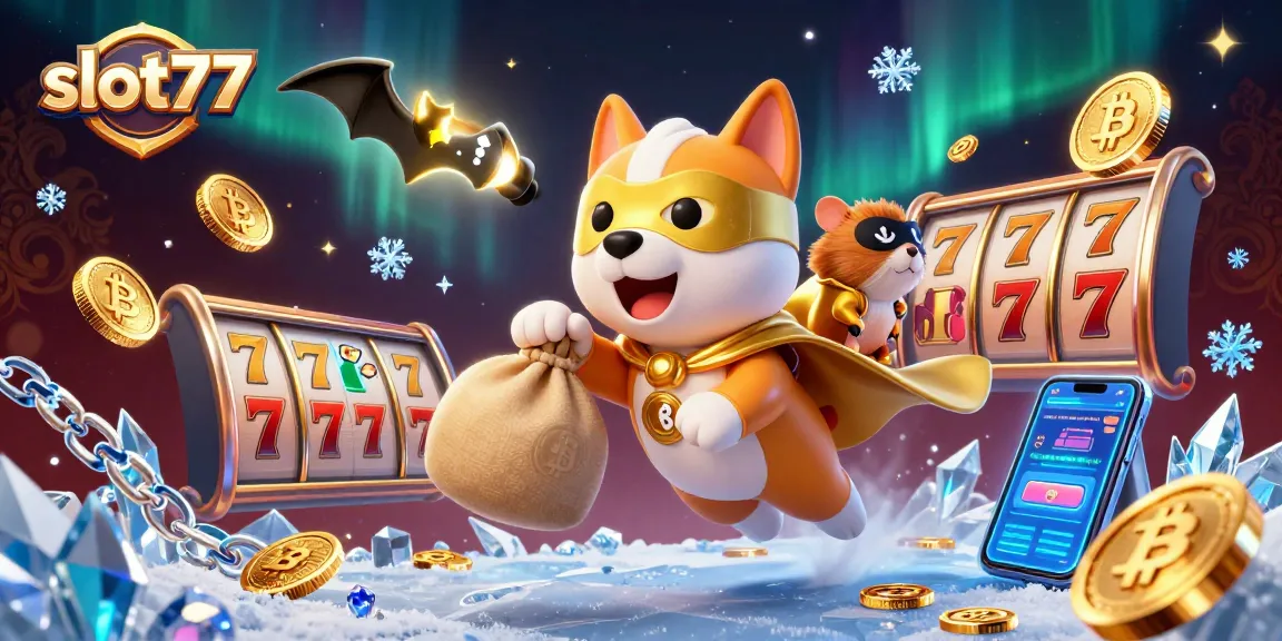 Engage with slot77 and fly high with the superhero duo in a vibrant casino scene filled with jackpots and crypto!