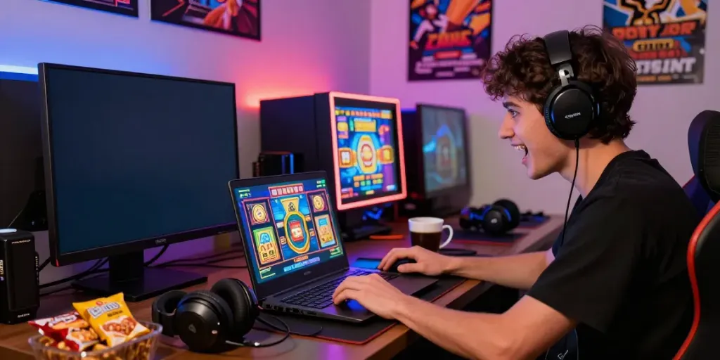 Permainan slot777 online dengan pemain bersemangat menggunakan laptop dan suasana gaming yang nyaman.