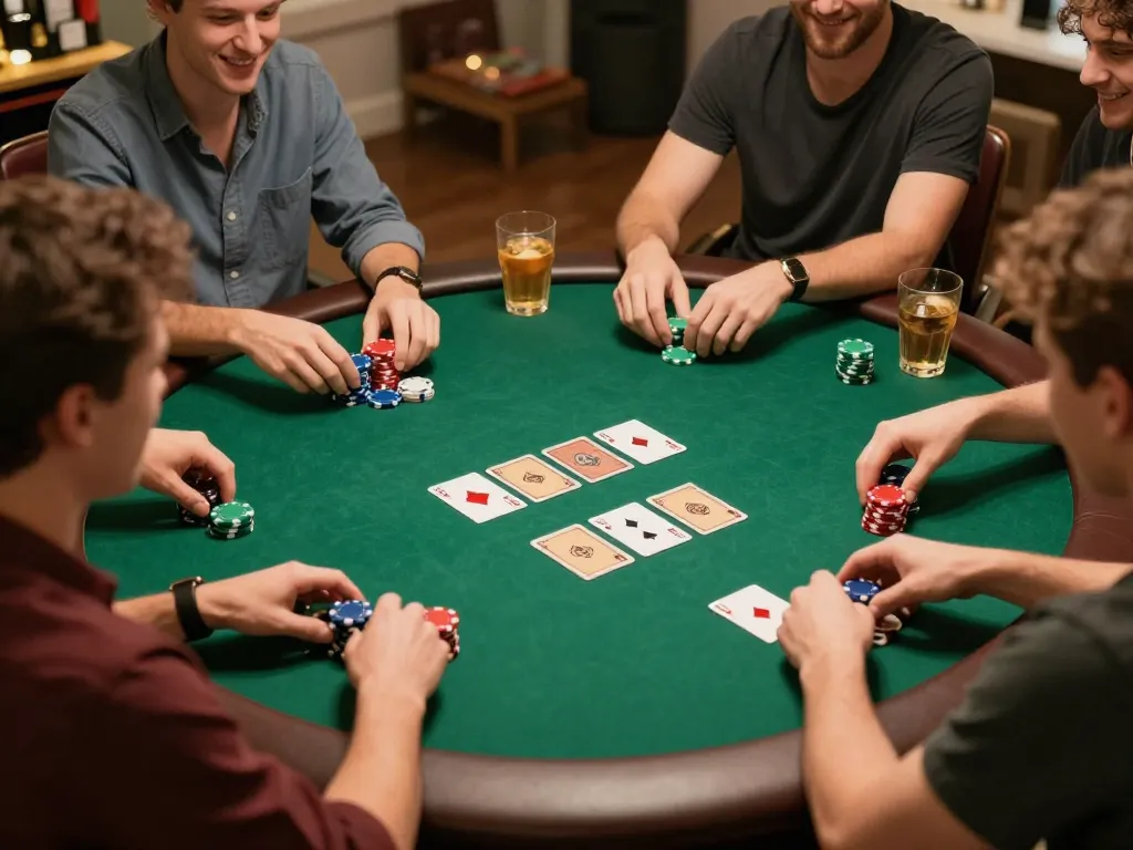 Fun88 poker game night featuring friends competing with cards and chips in a cozy setting.