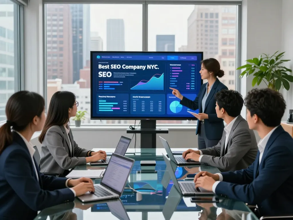 Meeting in NYC office discussing Best SEO Company NYC strategies with diverse professionals.