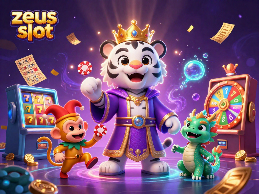 Winning big in zeus slot with playful monkey and elegant tiger in dazzling casino scene