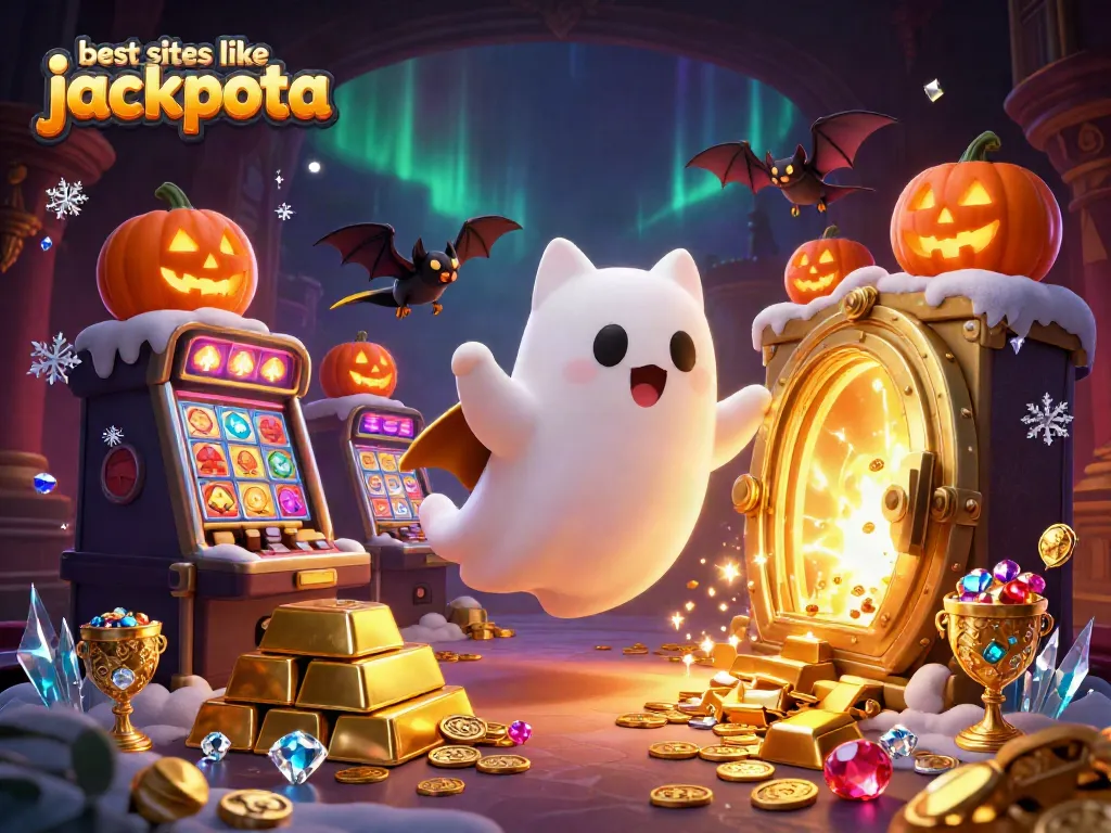 Experience the best sites like jackpota with vibrant casino elements, glowing characters, and rich treasures.