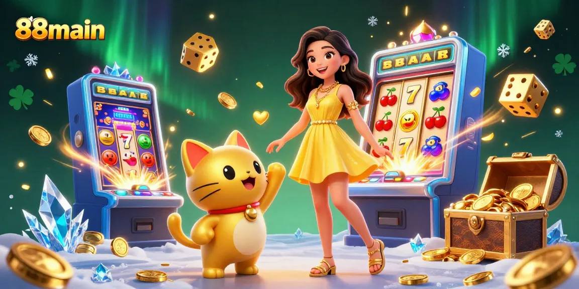 Bergabunglah dalam kesenangan di 88main bersama wanita Asia yang ceria dan kucing keberuntungan di tengah suasana slot jackpot.