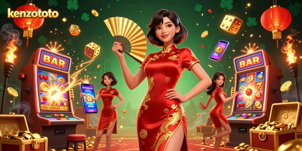 Kenzototo showcases a vibrant online casino scene with a radiant Asian lady amidst cascading gold coins and thrilling game elements.