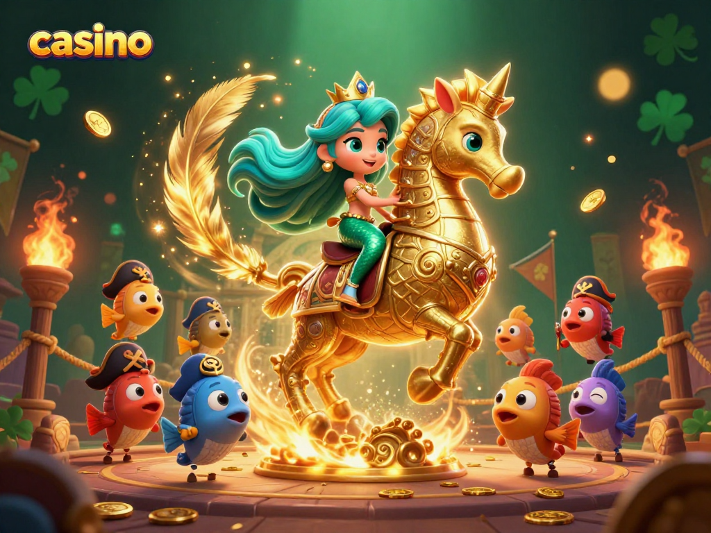 Experience winning thrills at the casino with a majestic seahorse and mermaid princess amidst vibrant treasures.