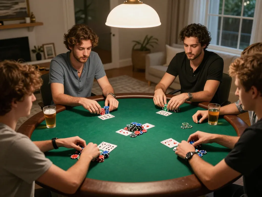 G28 poker night scene with friends engaged in strategic gameplay over colorful chips.