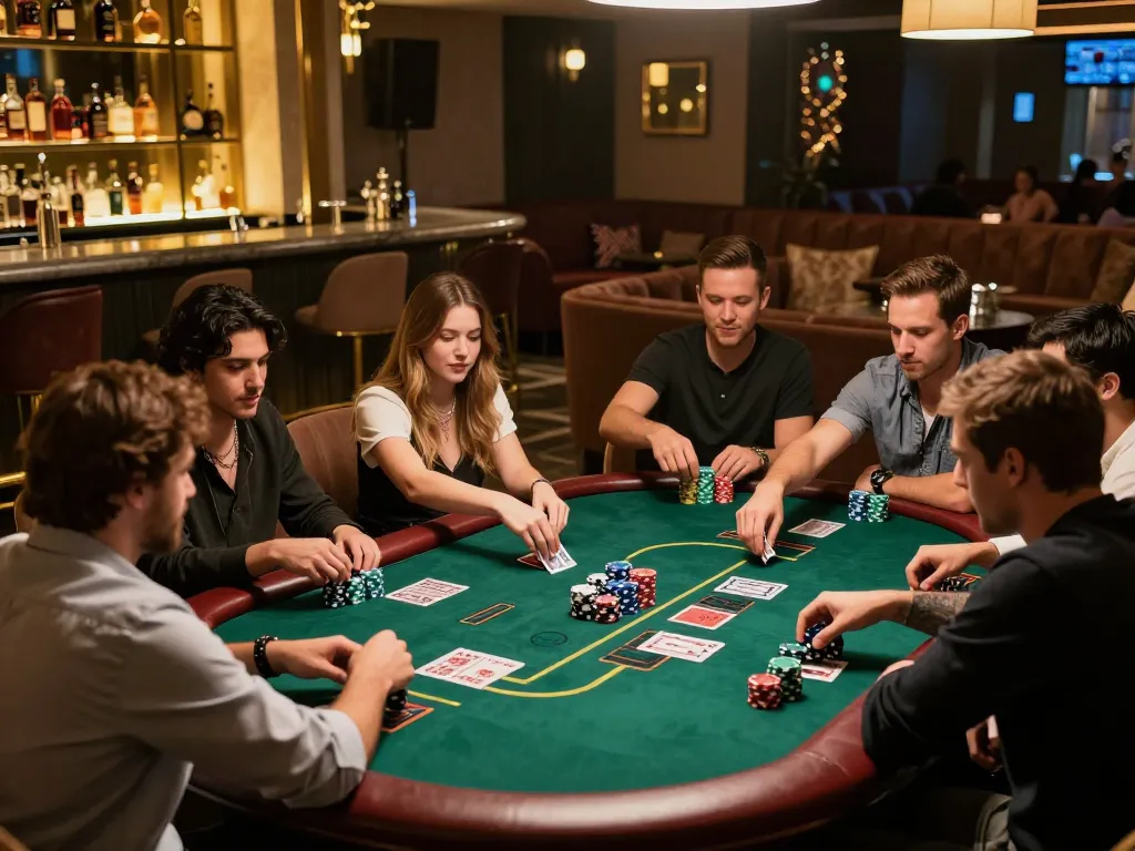 Players enjoying a lively Texas Hold'em game at casino senza licenza adm venue, tension and excitement palpable.