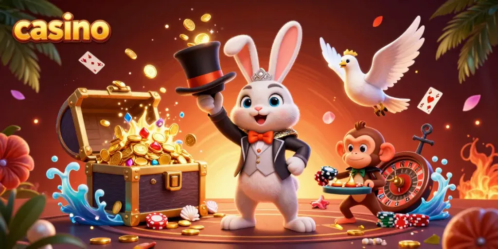 Experience thrilling casino adventure with rabbit magician, dove assistant, and monkey in vibrant action.