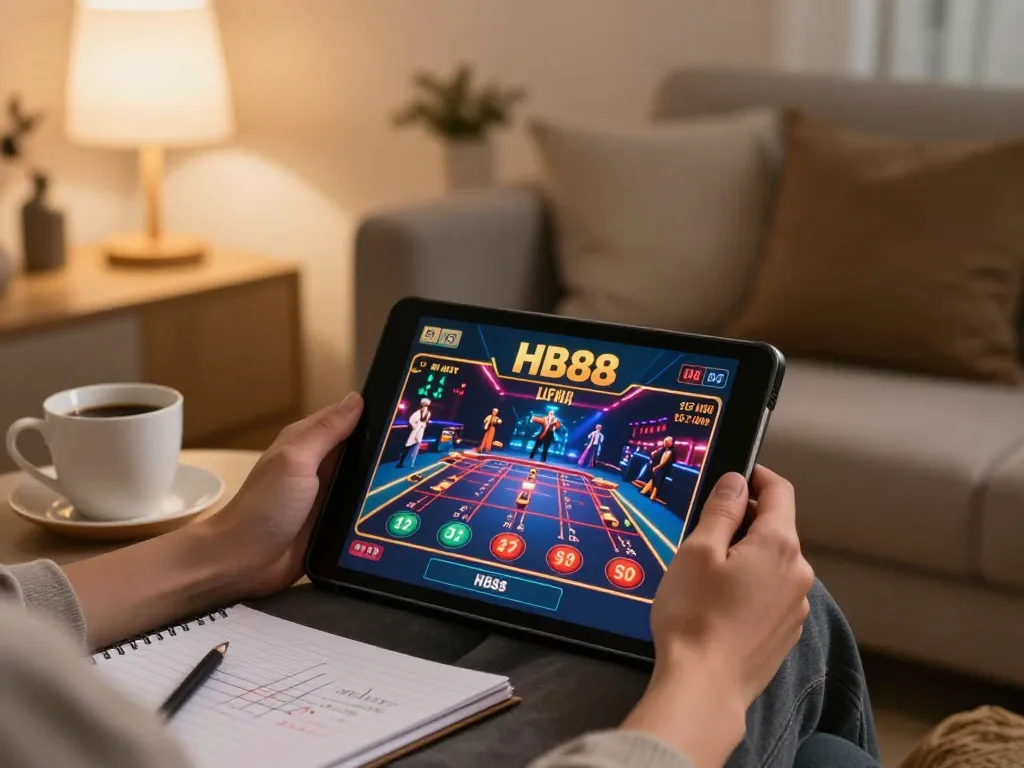 Engaging in online HB88 casino gaming session with tablet at home, showcasing vibrant game interface.