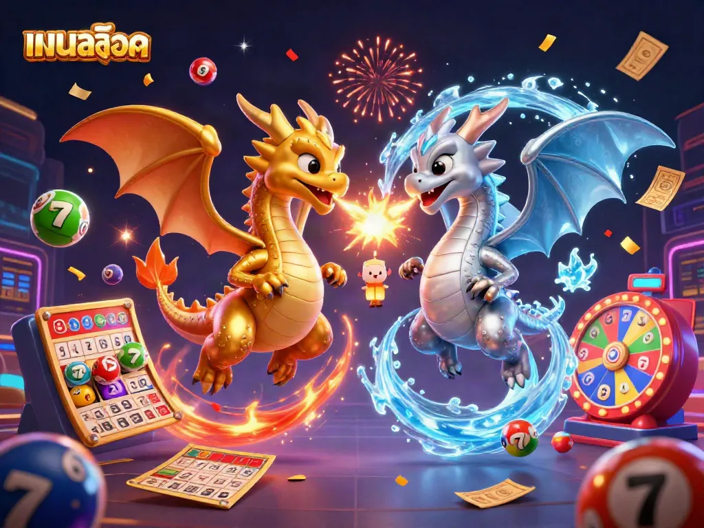 Engage with the vibrant world of แบบสล็อต, featuring dynamic slot reels, colorful lottery elements, and twin dragons amidst celebratory visuals.