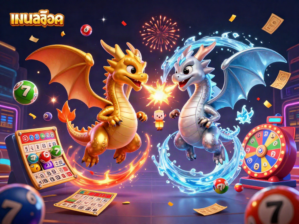 Engage with the vibrant world of แบบสล็อต, featuring dynamic slot reels, colorful lottery elements, and twin dragons amidst celebratory visuals.