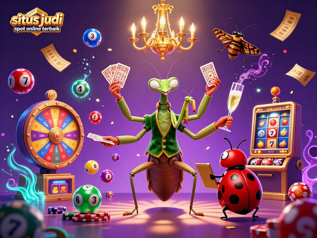 Permainan di situs judi slot online terbaik dengan karakter unik seperti belalang dan kepik, menarik jackpot berwarna-warni.