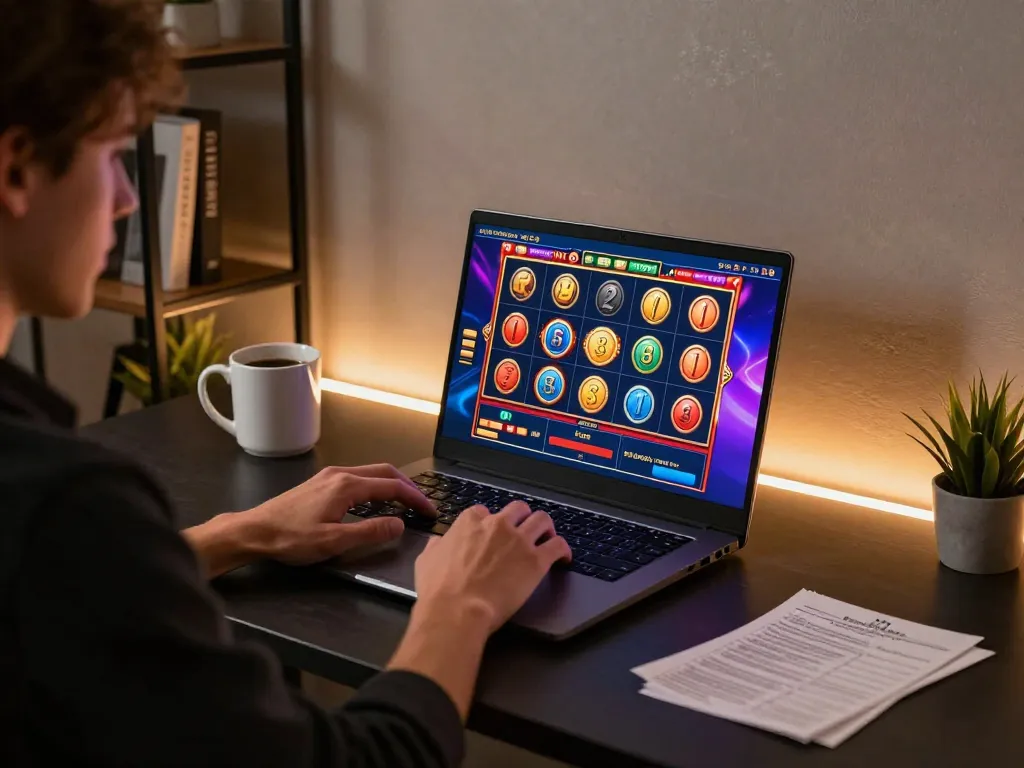 Player engaging with HARGATOTO online slot game, highlighting immersive gaming experience and strategy.