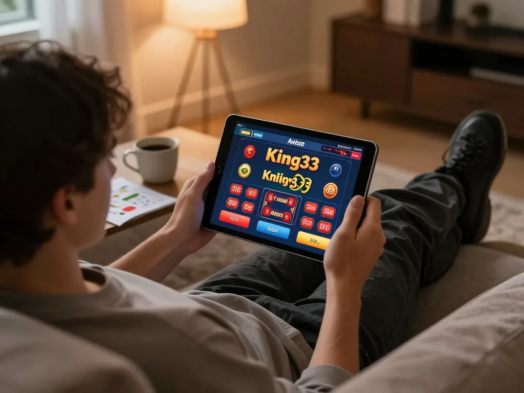 Player enjoying King33 online gaming experience on a tablet with strategy notes at hand.