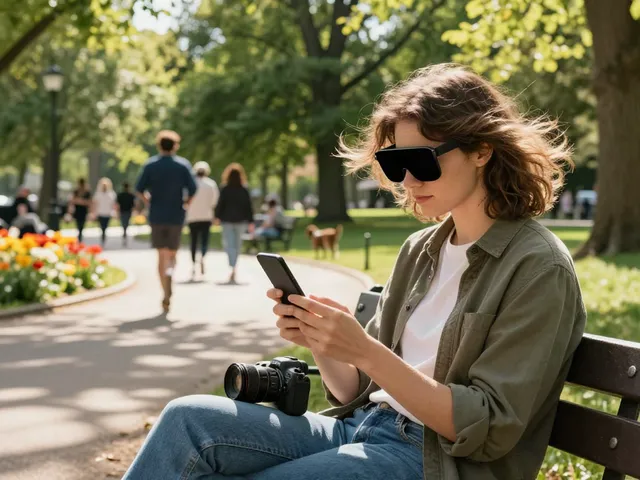 An individual using the insanony app to view Instagram stories anonymously in a serene park setting.