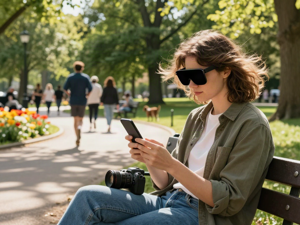 An individual using the insanony app to view Instagram stories anonymously in a serene park setting.