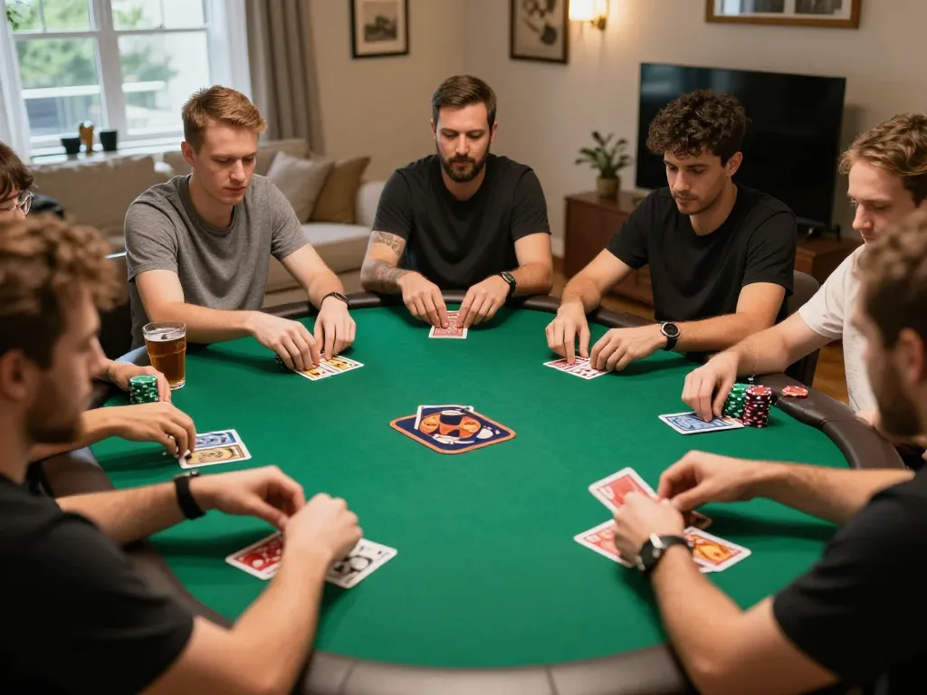 Players engaging in a friendly poker night at home, capturing the vibe of qh88go gaming experiences.