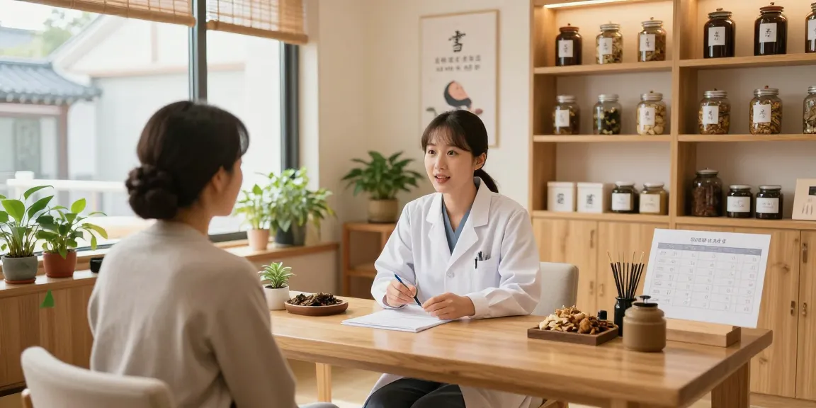 Consultation at 영통한의원 with herbal medicine and caring staff in a soothing environment.