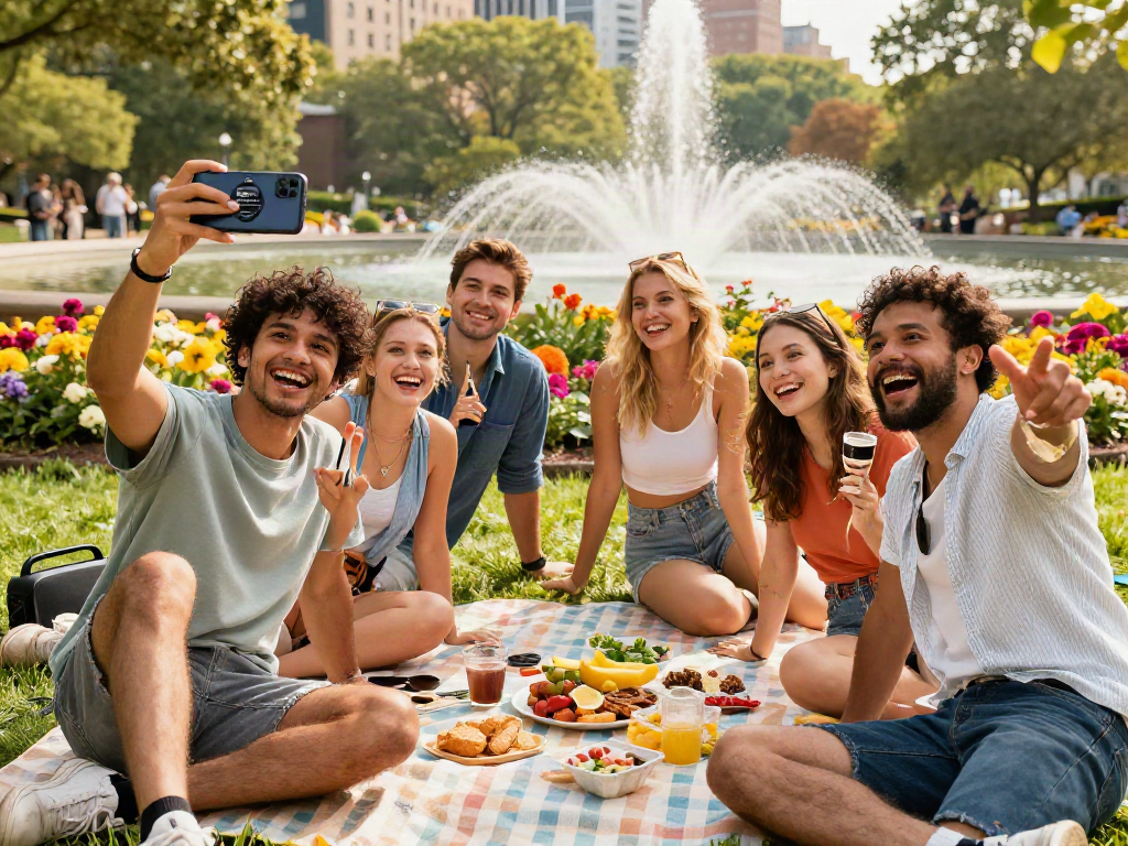 Group of friends exploring how old do I look with a fun age estimation app outdoors.